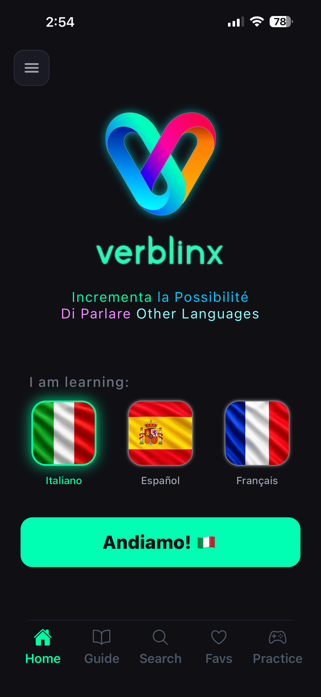 Verblinx home with language selection