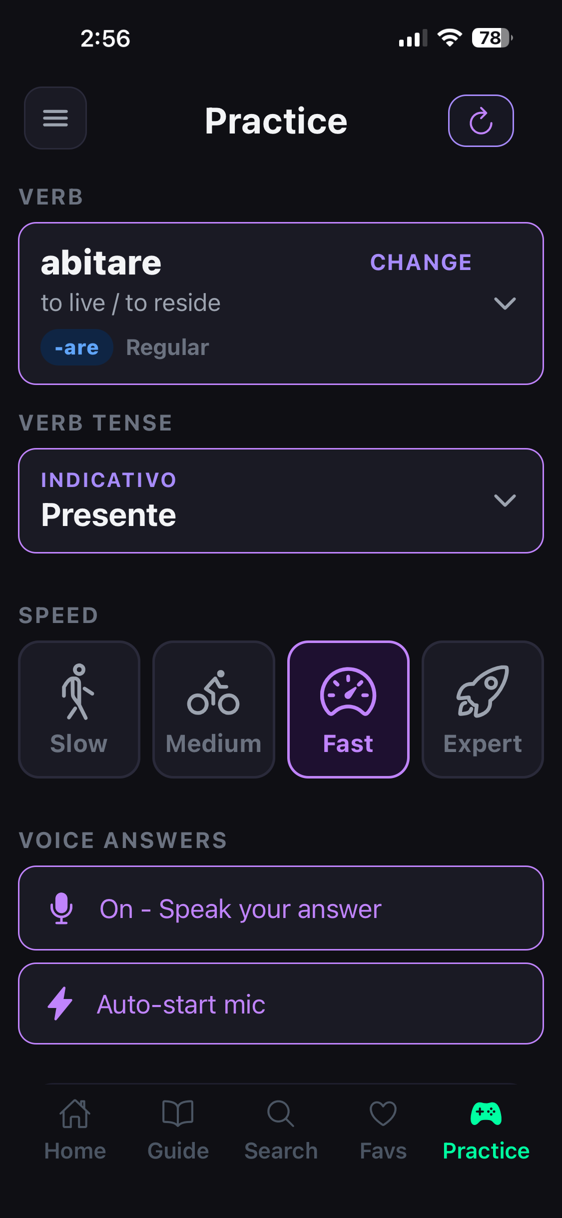Verblinx Practice screen with voice answers
