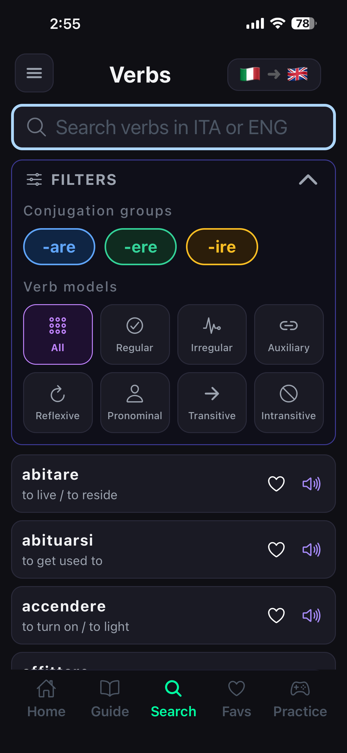 Verblinx verb search with filters